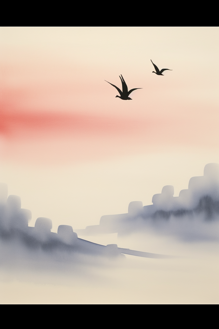 A painting of two birds flying in the sky.