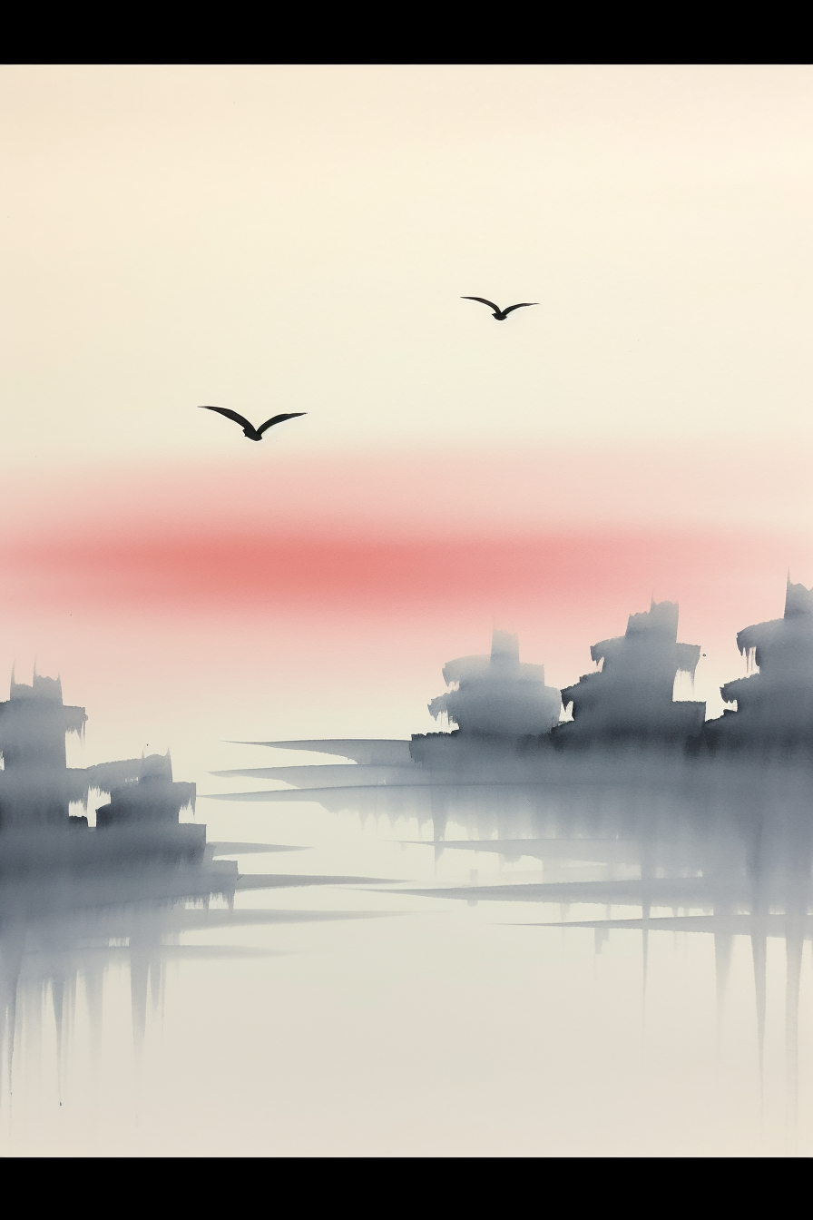 A painting of birds flying over the water.