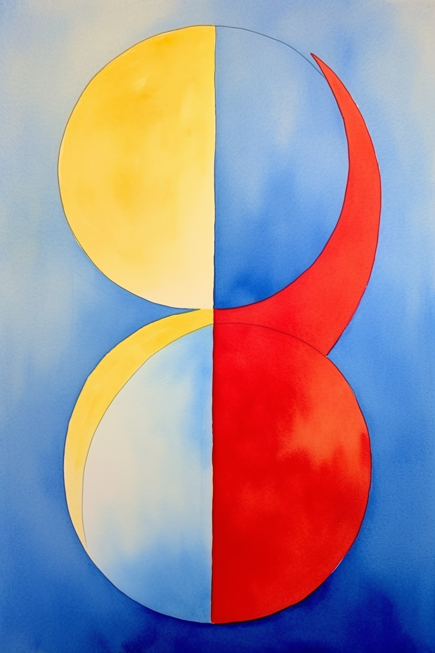 A painting of a blue, yellow, and red circle.