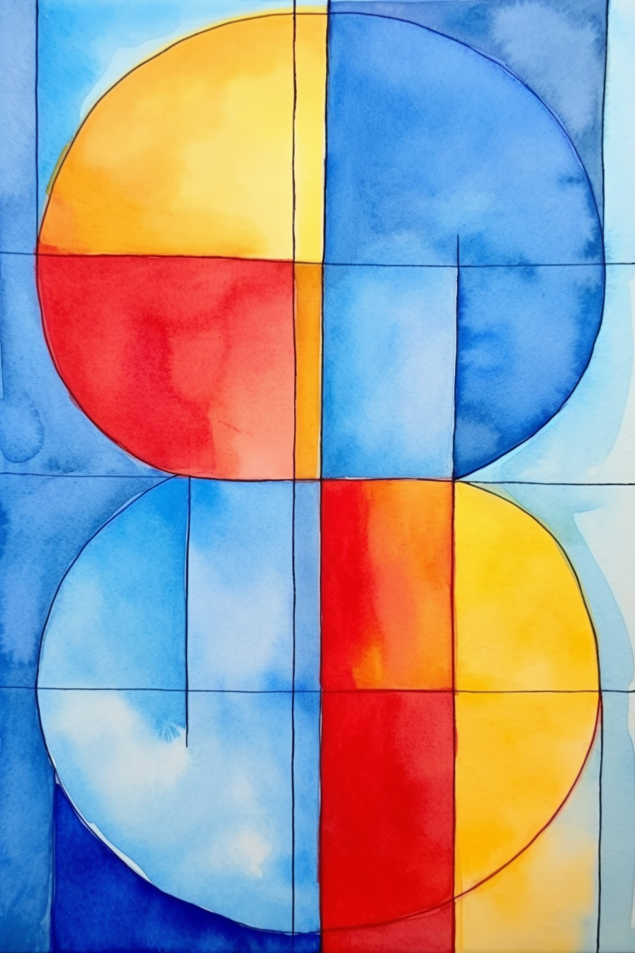 A watercolor painting of a red, blue, yellow, and green square.