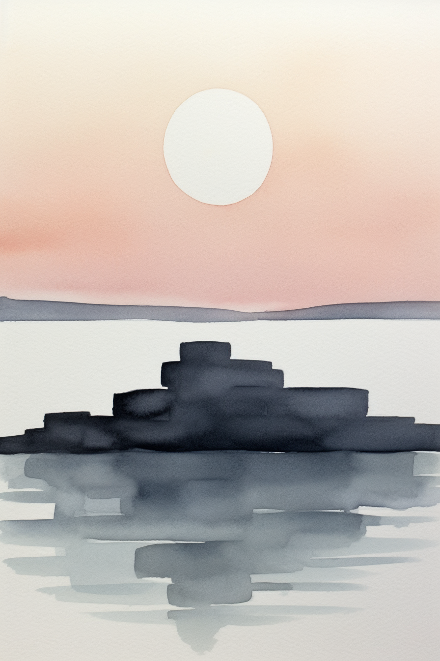 A watercolor painting of an island at sunset.