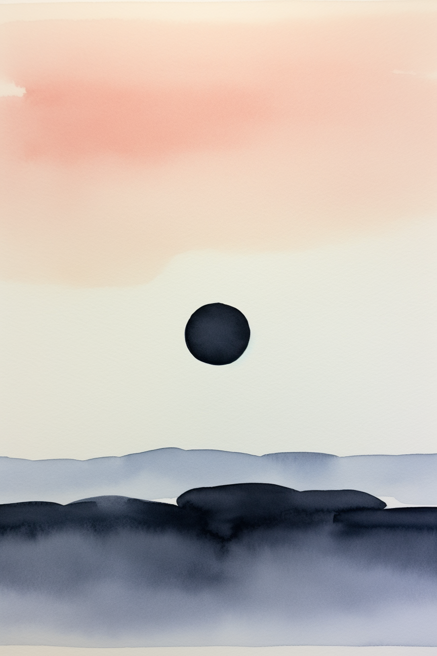 A watercolor painting of a black ball in the sky.