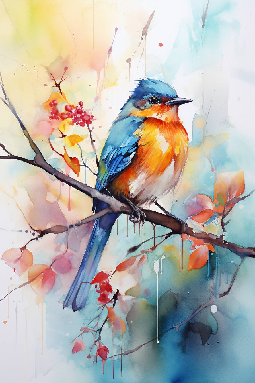 A watercolor painting of a bird sitting on a branch.