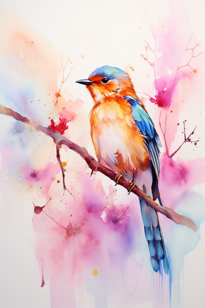 A watercolor painting of a bird sitting on a branch.