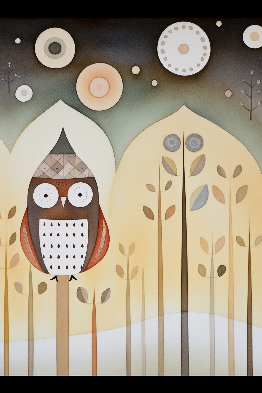 A painting of an owl in the woods.