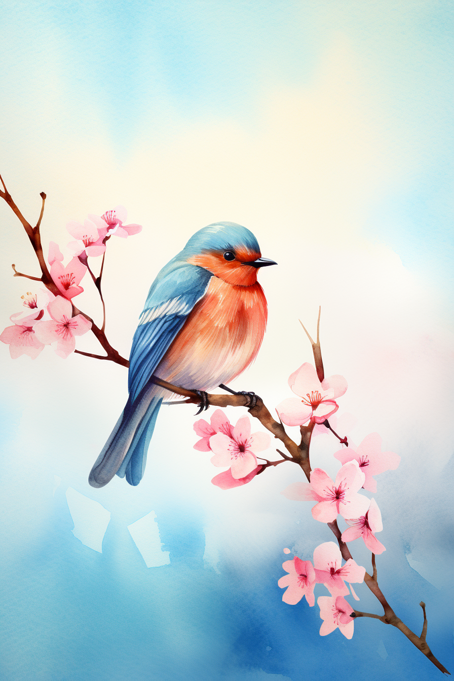 A blue bird perched on a branch with pink flowers.