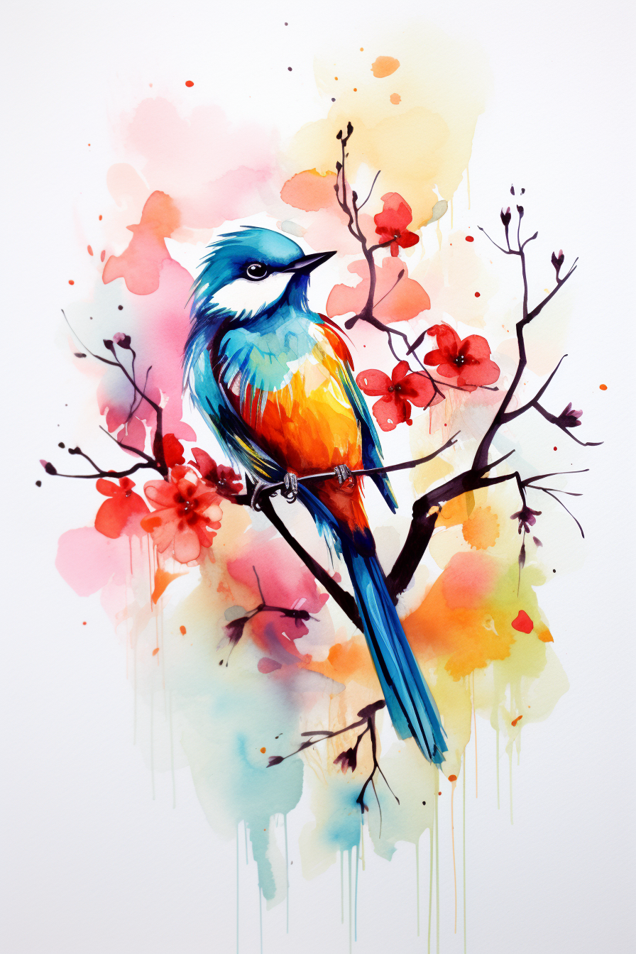 A colorful bird sitting on a branch with flowers.