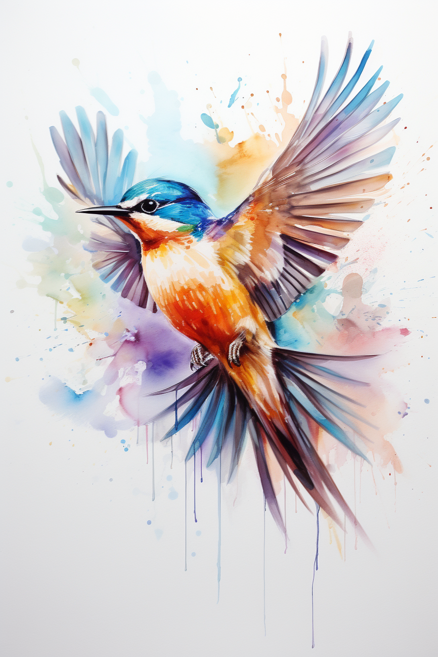 A colorful bird flying with watercolor splashes on a white background.