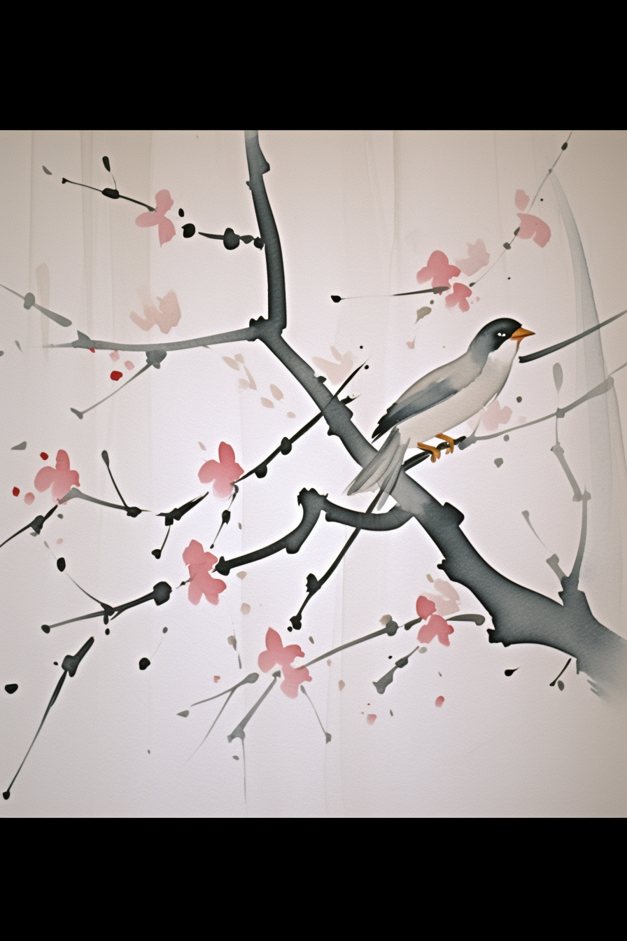 A bird sitting on a branch with pink blossoms.