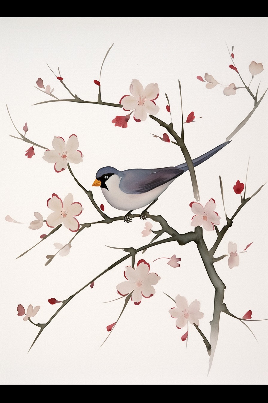A bird sitting on a branch with pink blossoms.