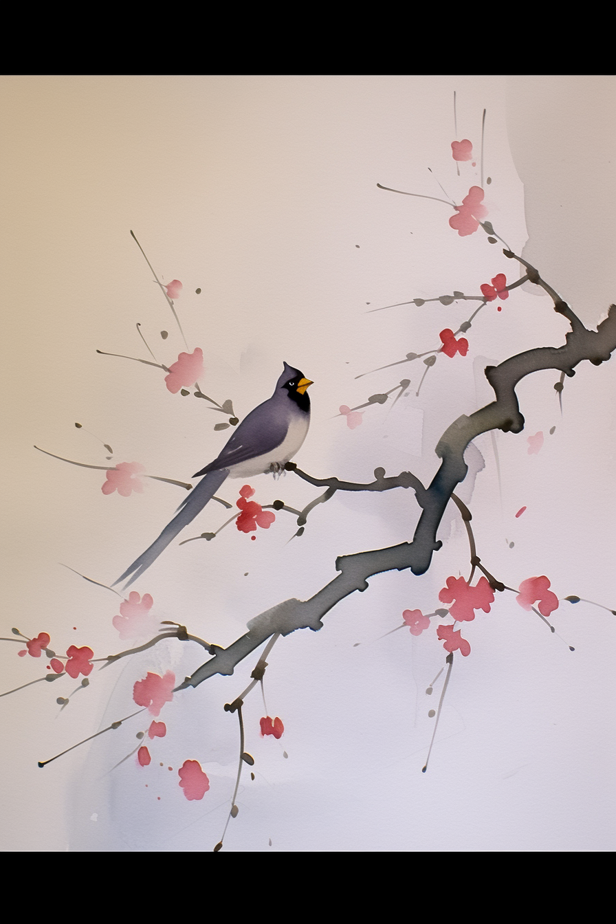 A bird perched on a branch with pink blossoms.