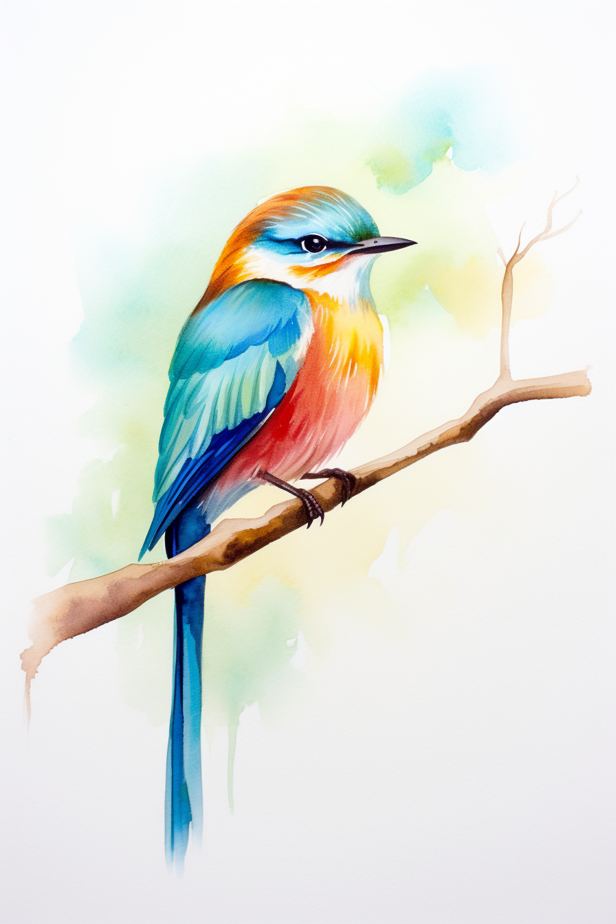 A watercolor painting of a colorful bird sitting on a branch.