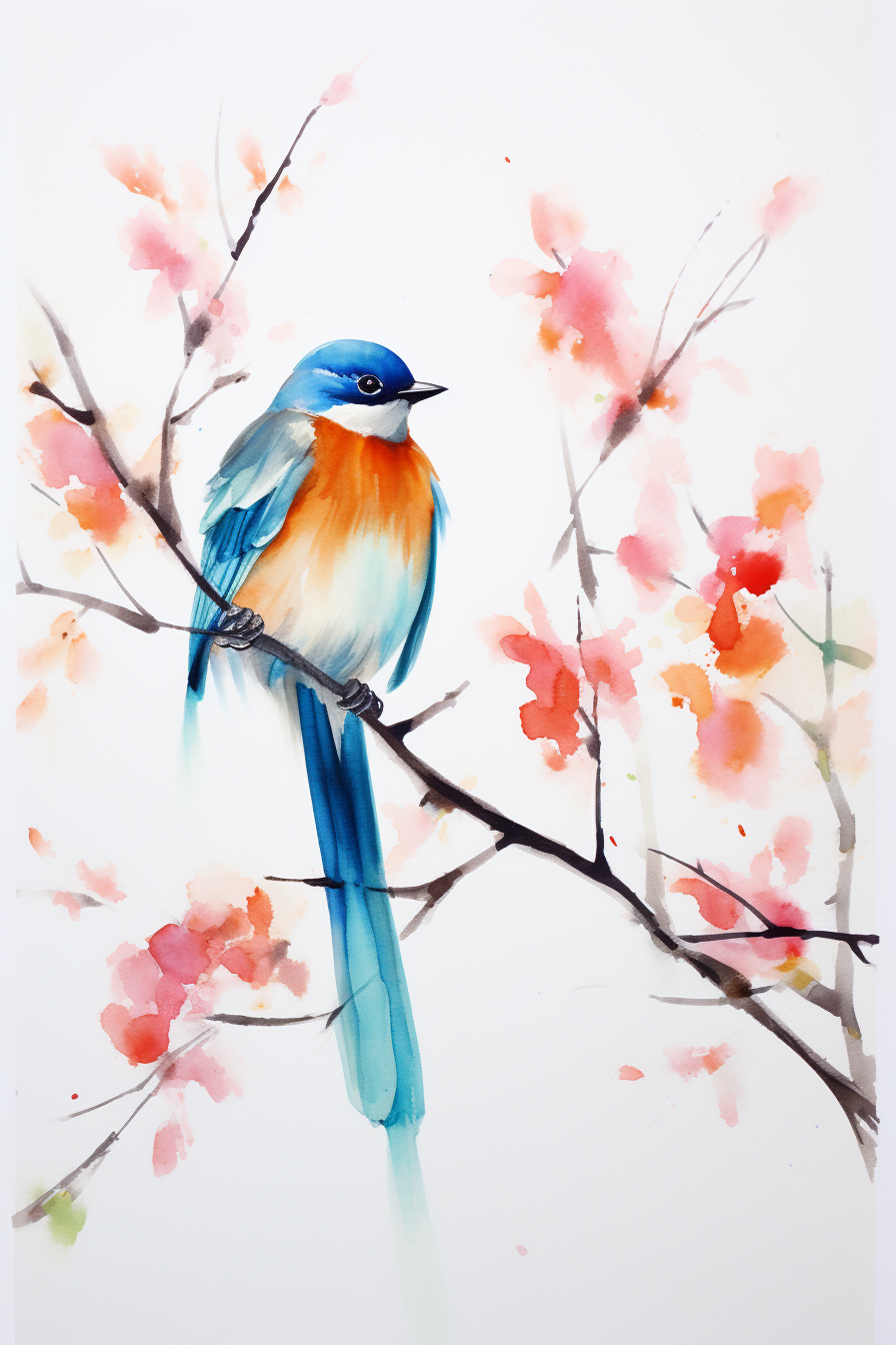 A watercolor painting of a blue bird sitting on a branch.