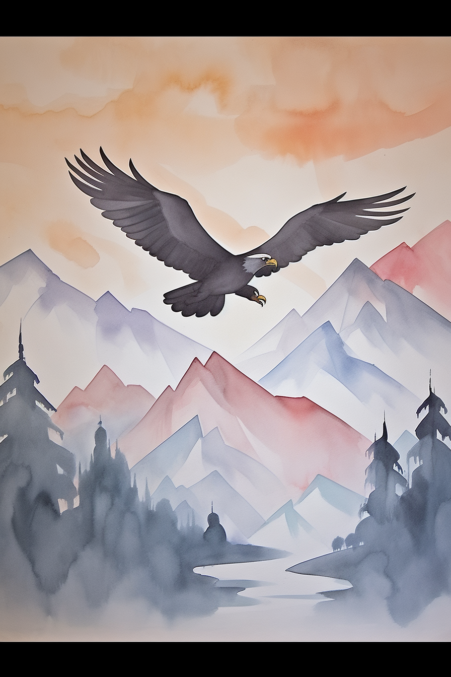 A watercolor painting of an eagle flying over mountains.