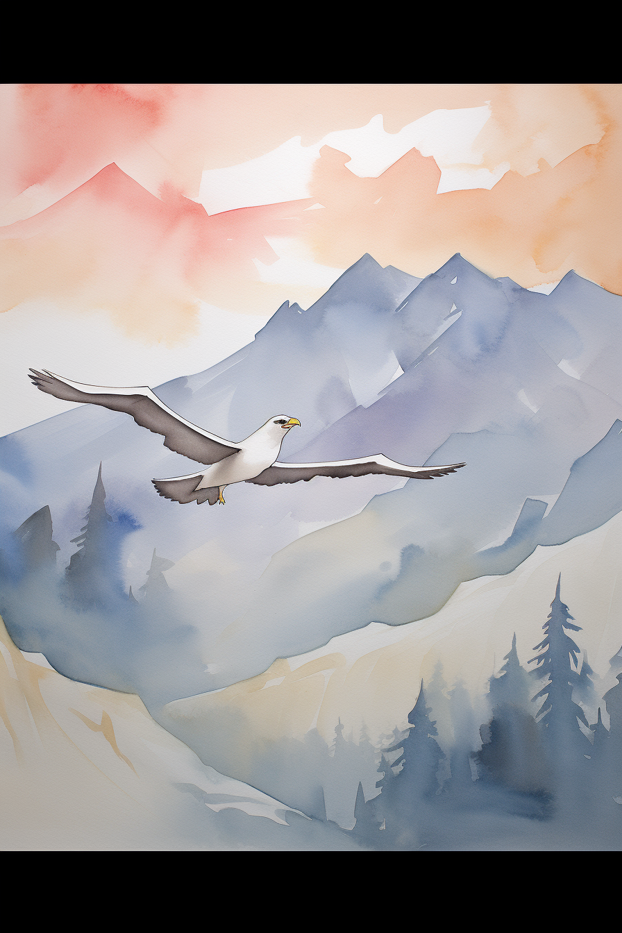 A watercolor painting of a bird flying over the mountains.