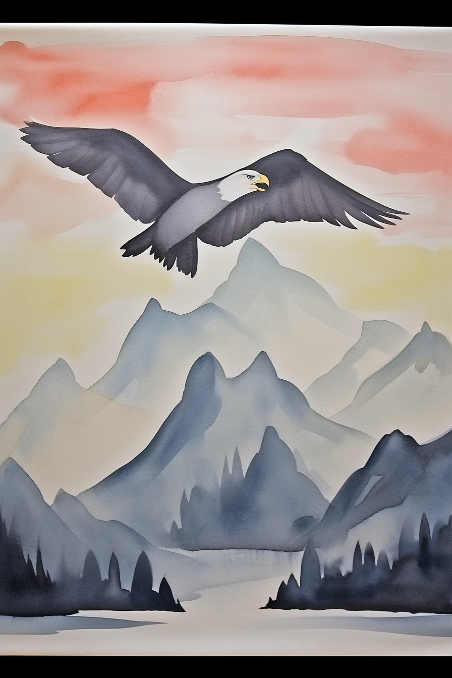 A watercolor painting of a bald eagle flying over mountains.