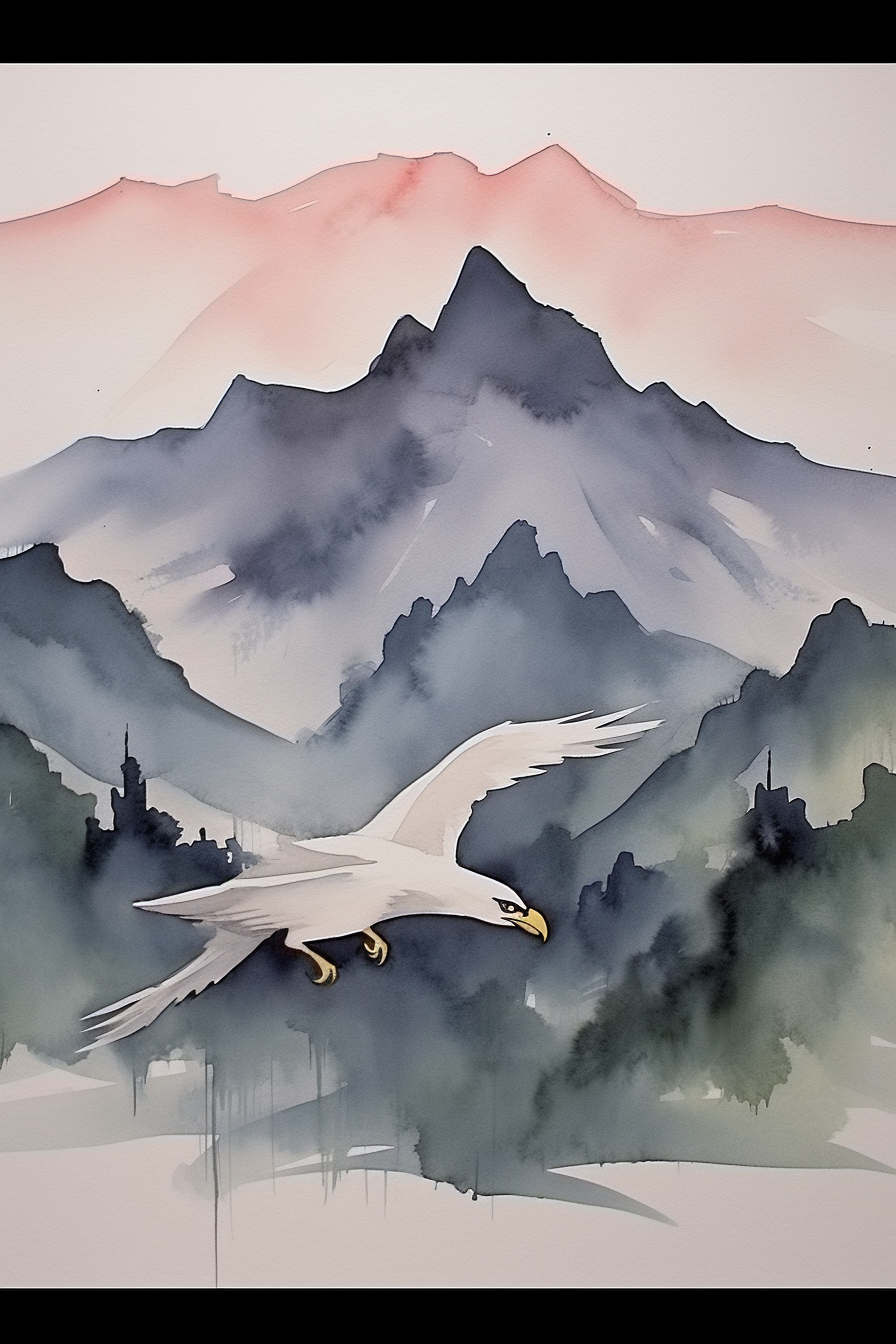 A watercolor painting of a bird flying over mountains.