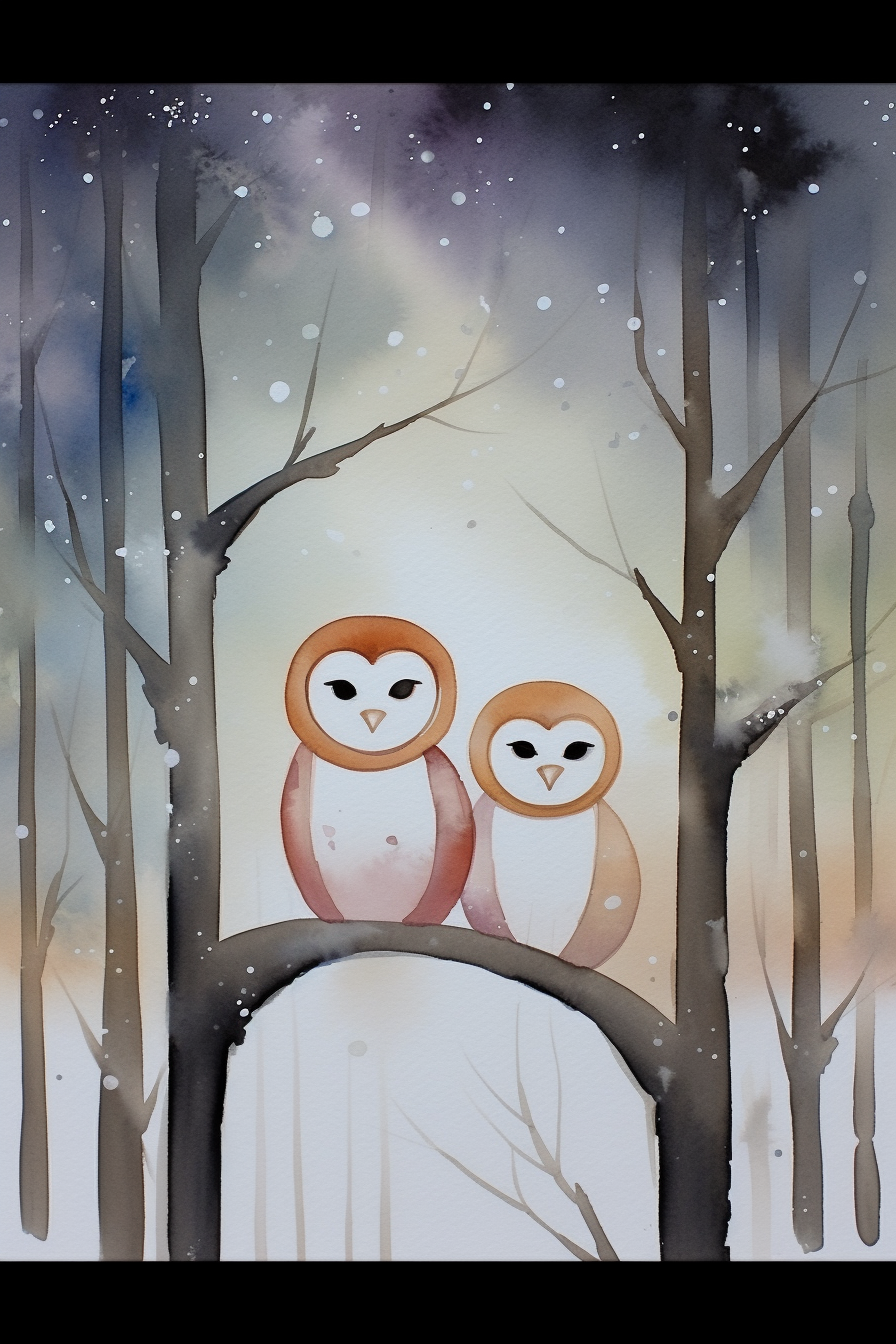 Two owls sitting on a branch in the snow.
