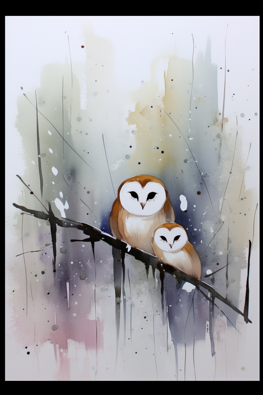 A watercolor painting of two owls sitting on a branch.