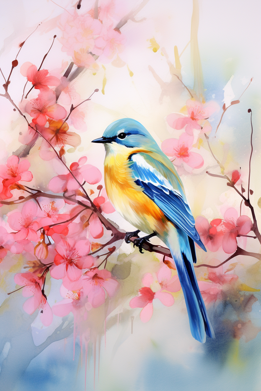 A blue bird sitting on a branch with pink blossoms.