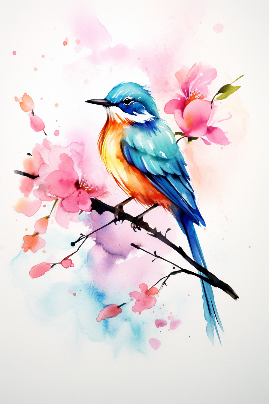 A colorful bird sitting on a branch with pink flowers.