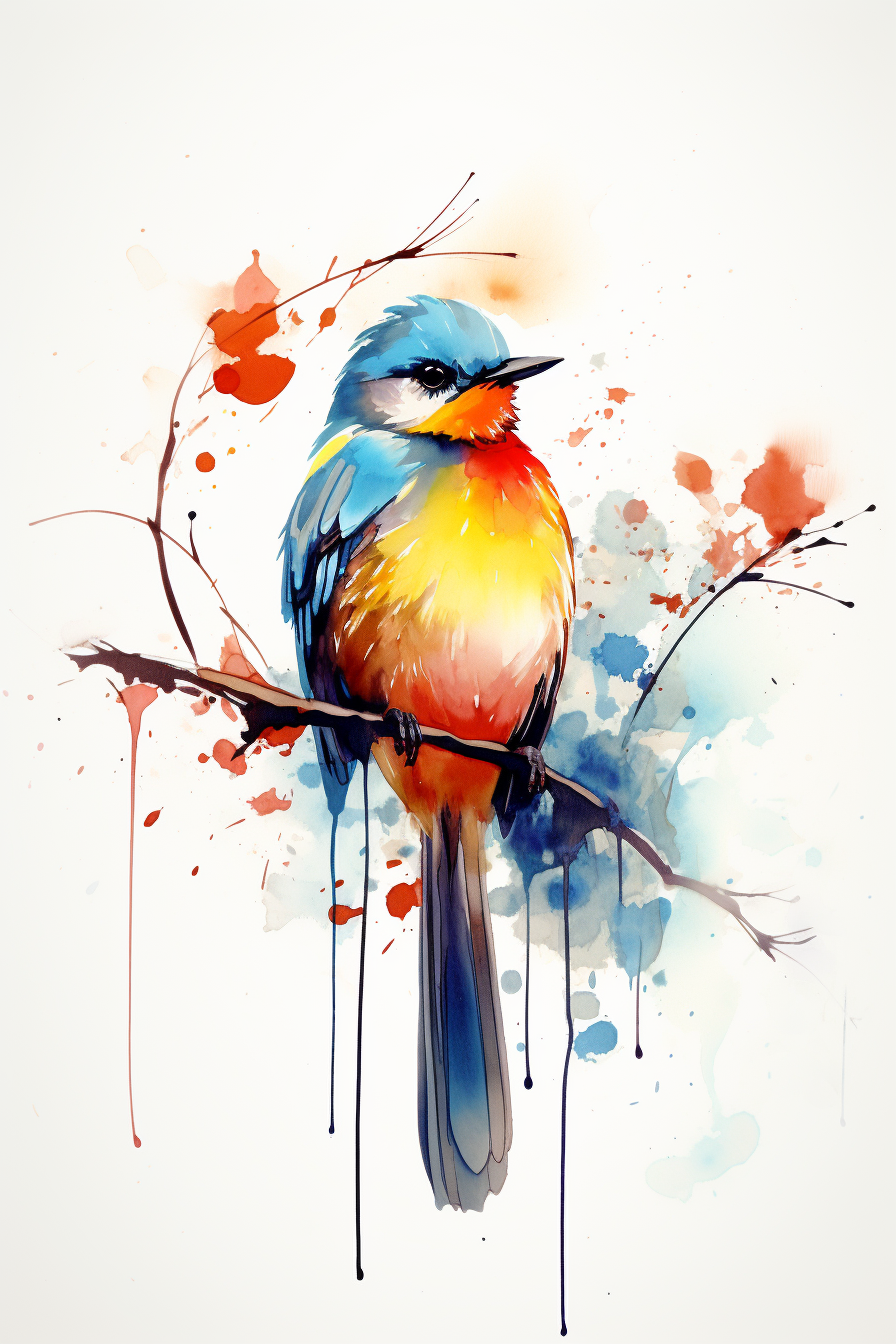 A colorful bird sitting on a branch with watercolor splatters.