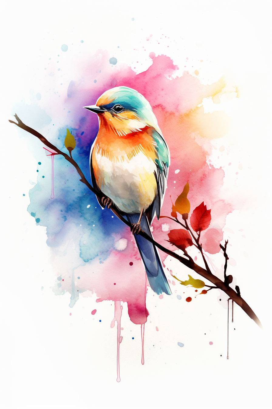 A colorful bird sitting on a branch with watercolor splashes.