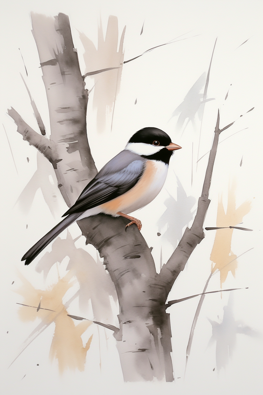 A watercolor painting of a bird perched on a tree branch.