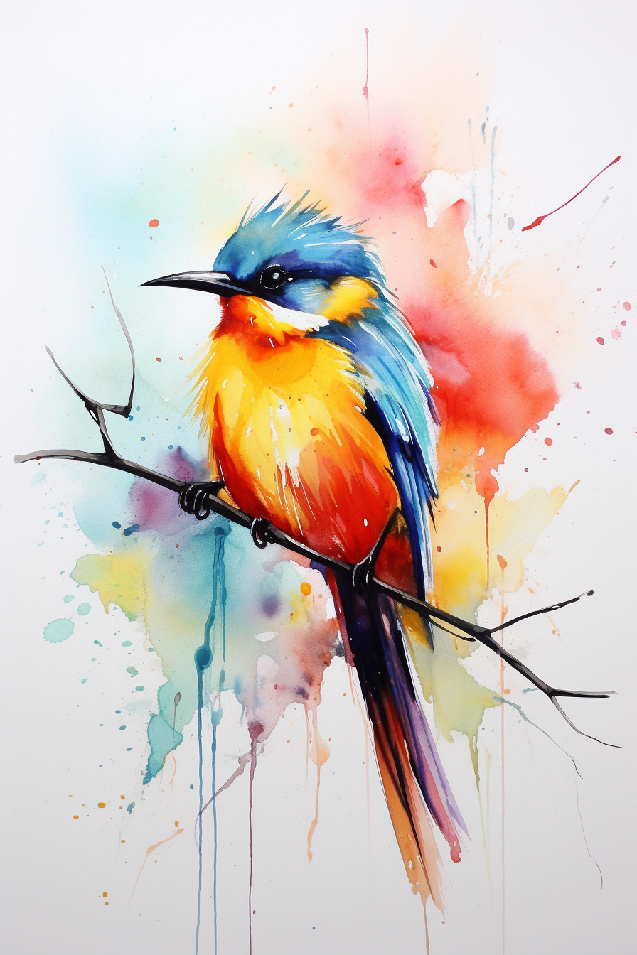 A colorful bird sitting on a branch with watercolor splashes.