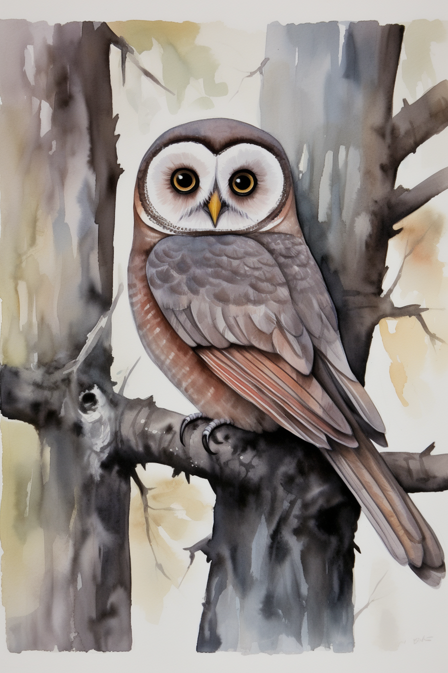 A watercolor painting of an owl sitting on a branch.