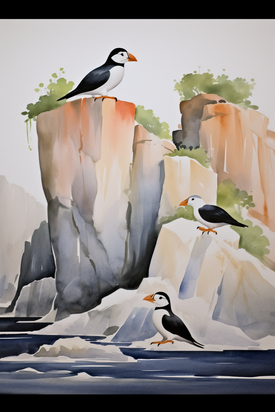 A watercolor painting of a group of birds perched on rocks.