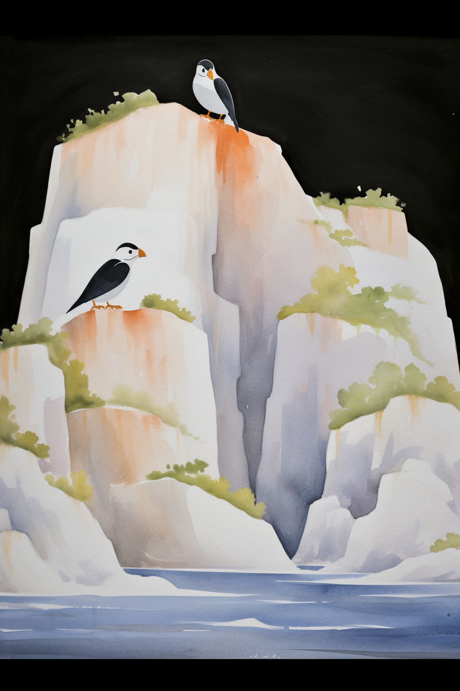 A painting of two birds on a cliff.