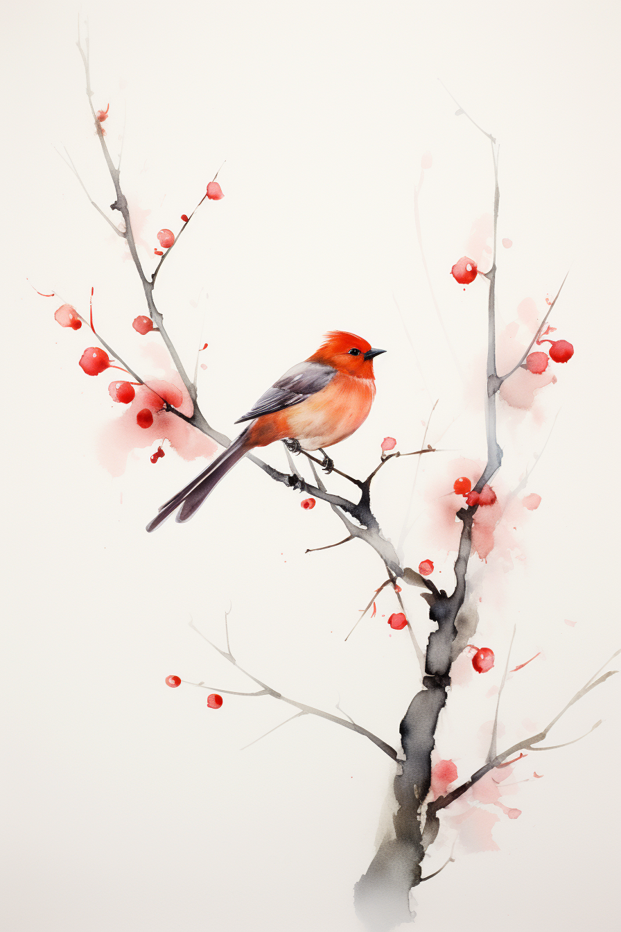 A watercolor painting of a bird perched on a branch with red berries.