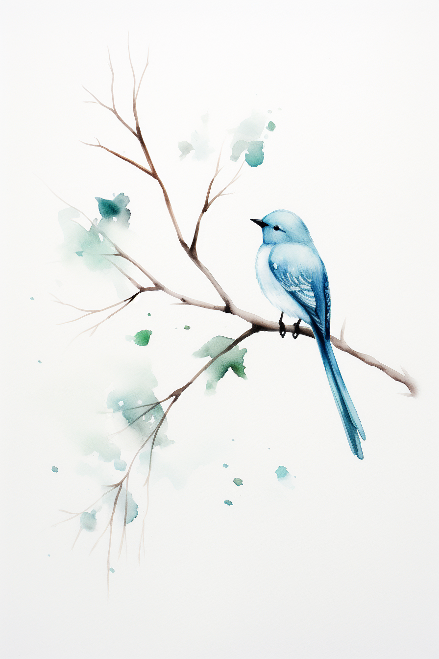 A watercolor painting of a blue bird sitting on a branch.