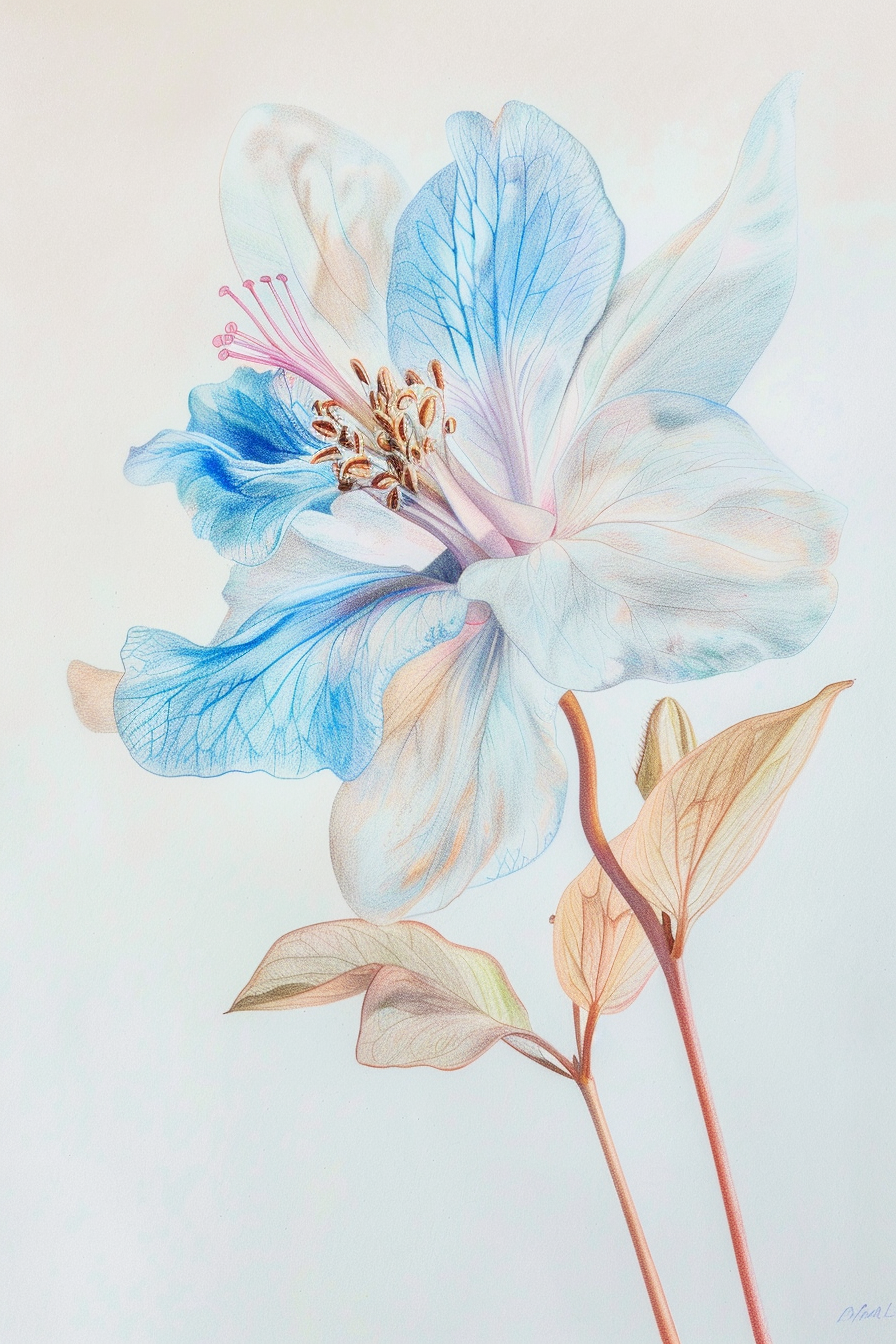 A painting of a blue flower on a white background.