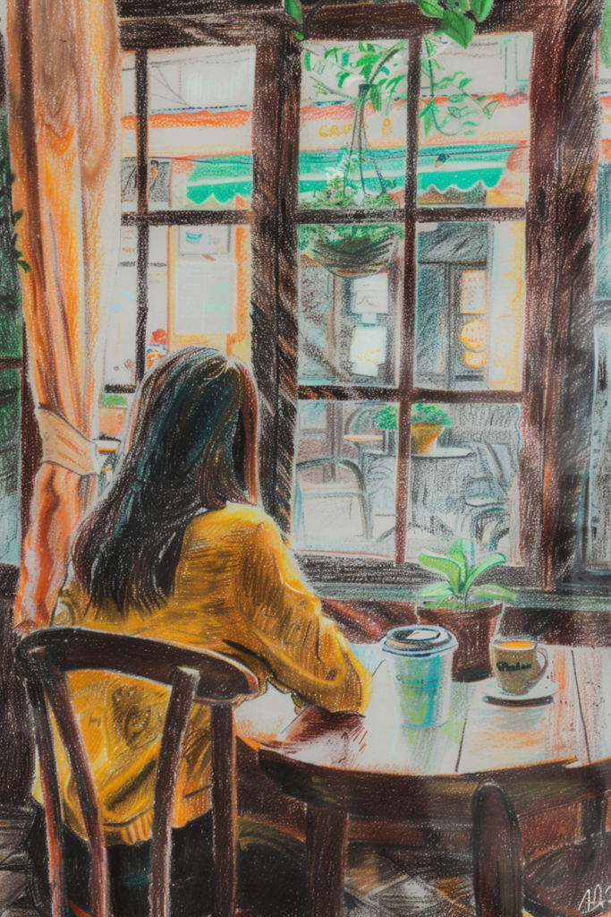 A woman sitting at a table looking out a window.