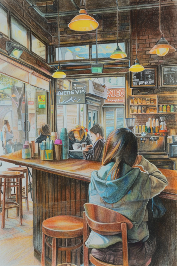 A drawing of a woman sitting at a table in a coffee shop.