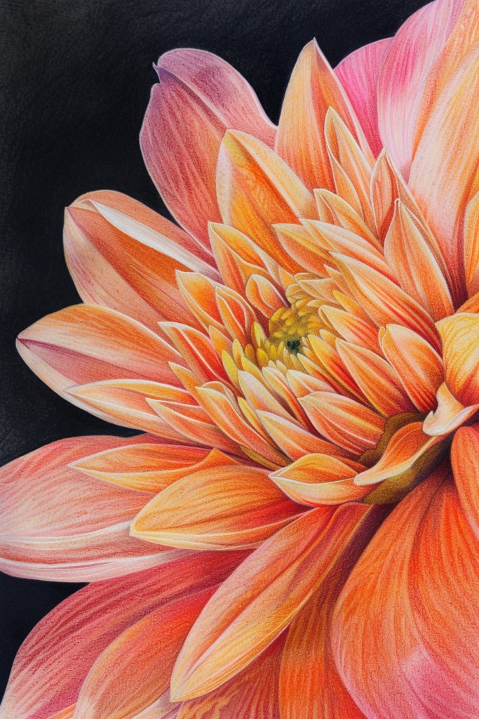 A drawing of an orange dahlia on a black background.