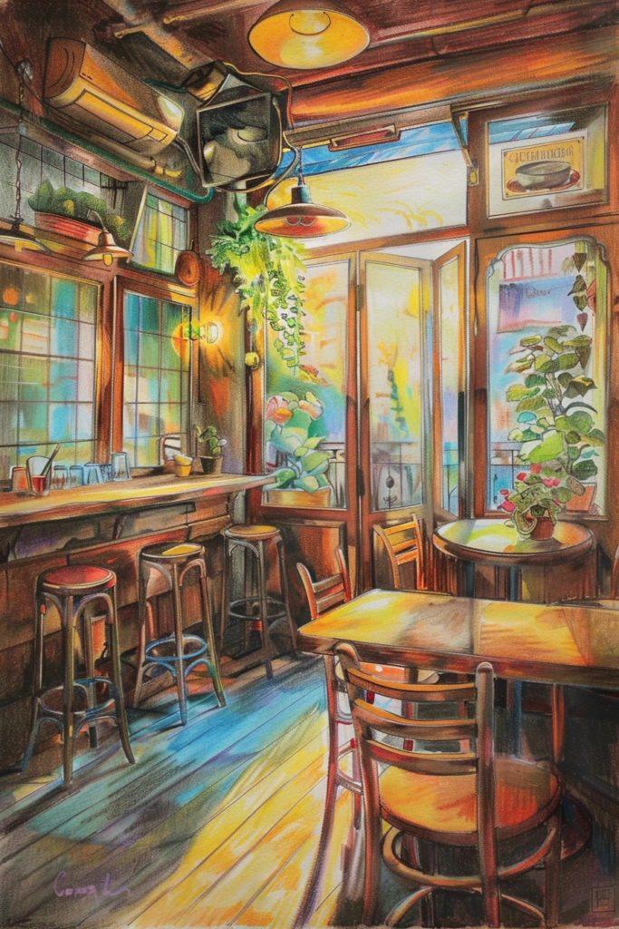 A painting of a bar with tables and chairs.