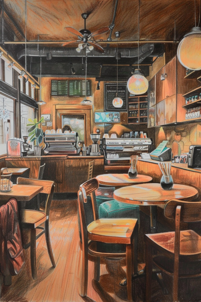 A painting of a coffee shop with tables and chairs.