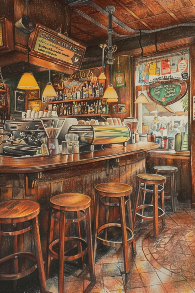 A painting of a bar with stools.