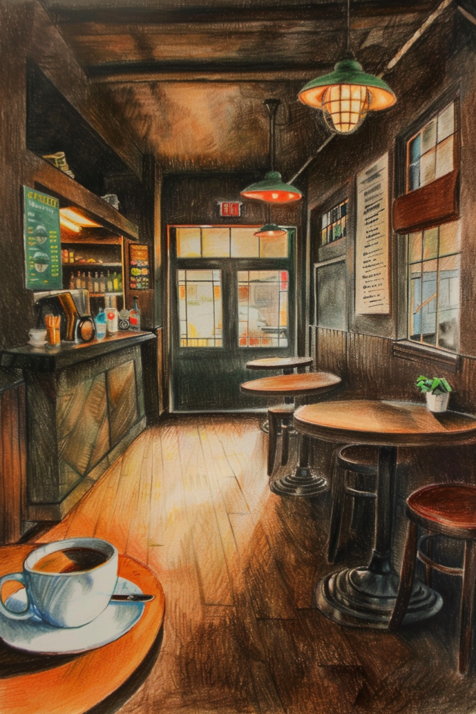 A drawing of a coffee shop with tables and chairs.
