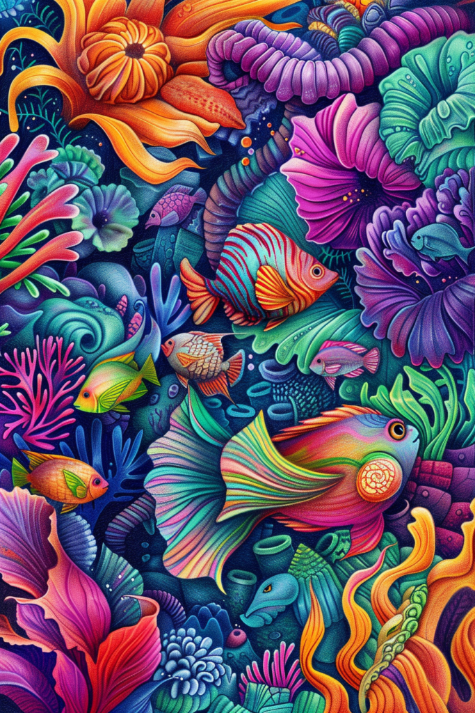 A colorful underwater scene with colorful fish and corals.