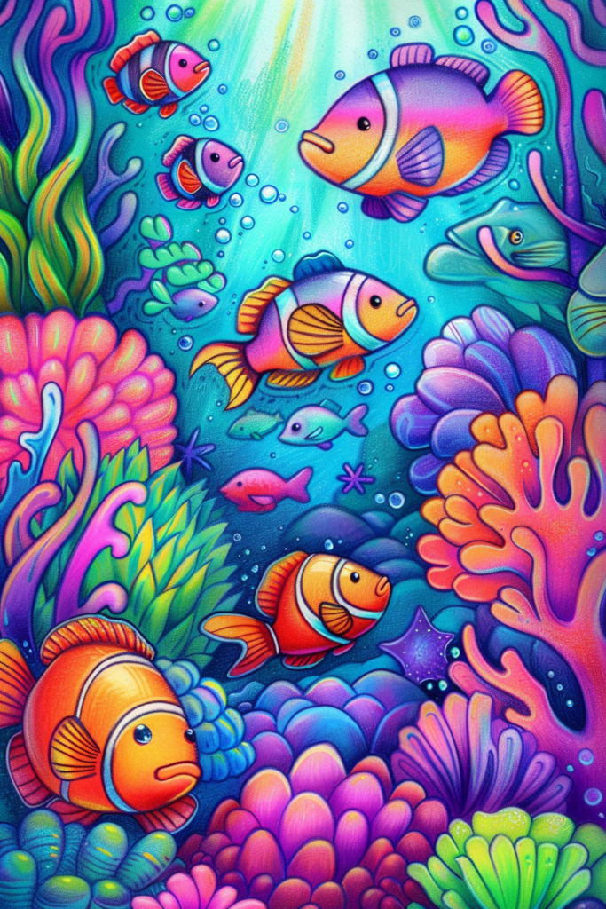 A colorful painting of an underwater scene with colorful fish and corals.