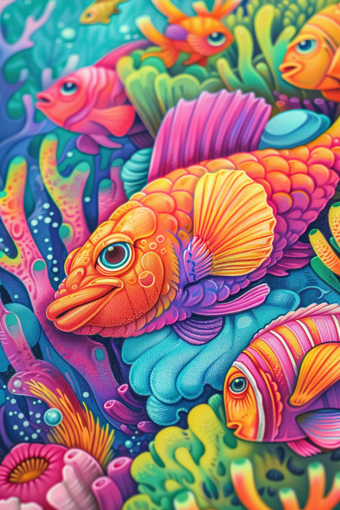 A colorful painting of colorful fish and corals.
