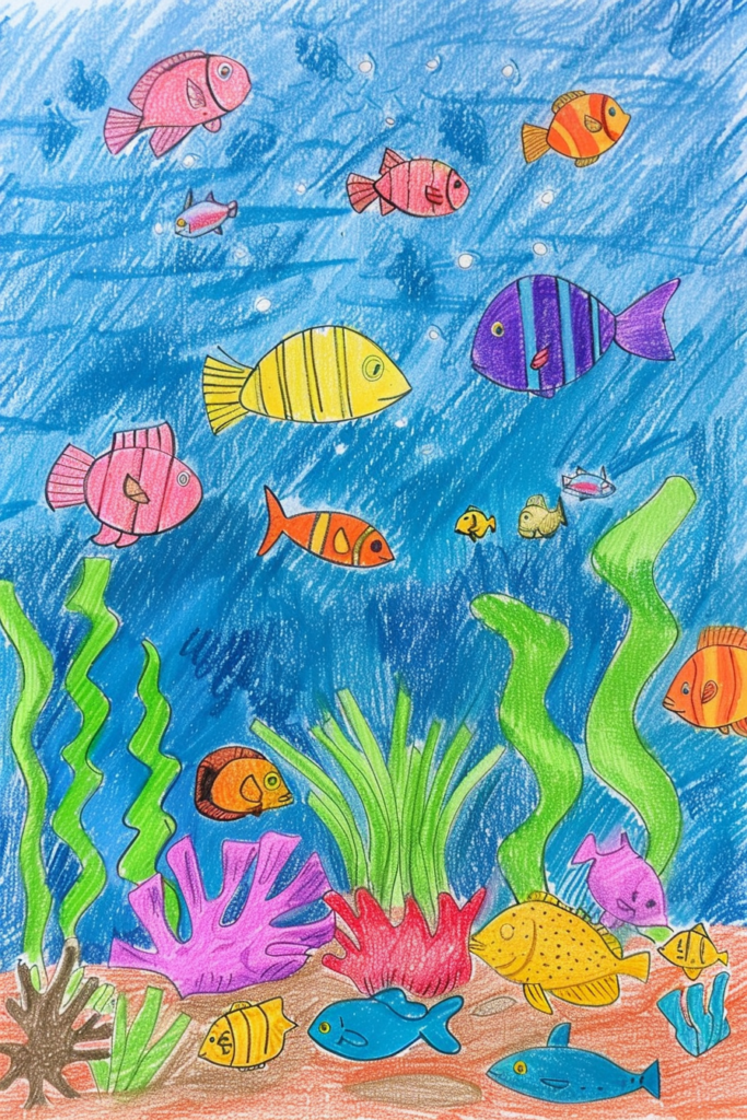 A child's drawing of a colorful underwater scene.