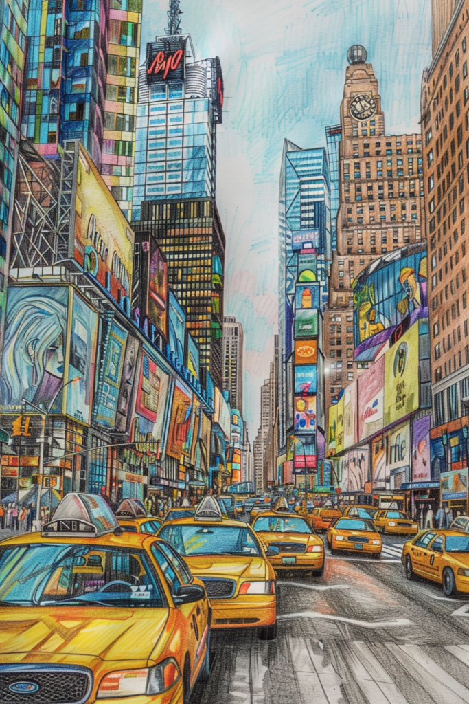 A drawing of a street scene in new york city.