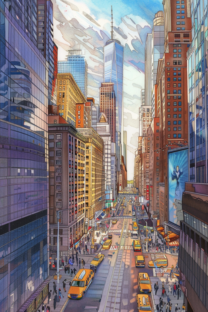 A painting of a city street with taxis and buildings.