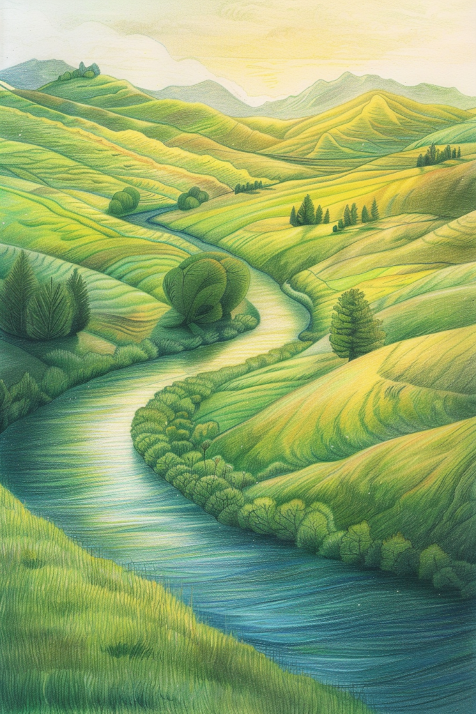 A painting of a river flowing through green hills.