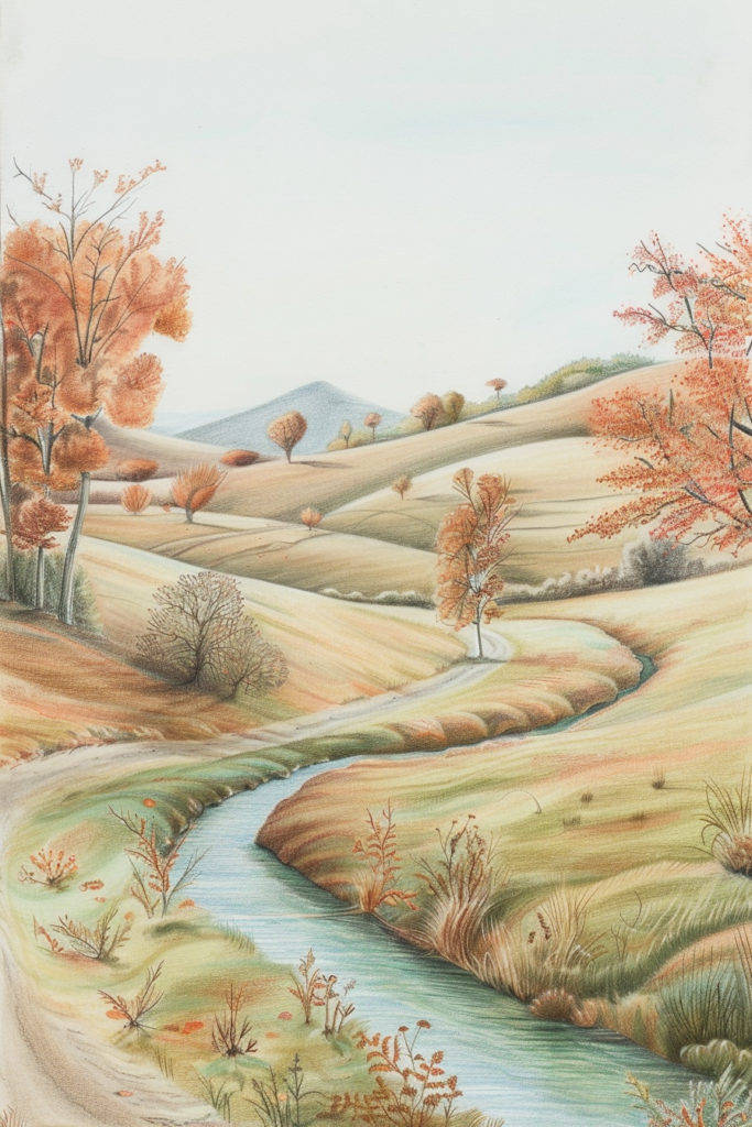 A painting of an autumn scene with a stream and trees.